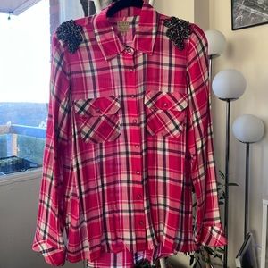 Guess red/white/blue plaid snap front top with beaded shoulder accents-Size L